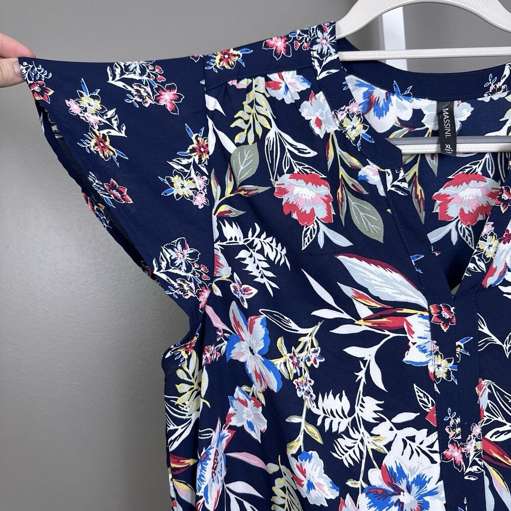 Vintage Massini Floral Dress XL Navy Tropical Midi Drawstring Waist Cottagecore - Picture 4 of 8